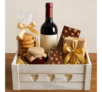 khevga Empty Gift Basket with Heart Appliques - Wooden Gift Box 30 x 20 x 12 cm - Decorative Box Whitewashed - Vintage Storage Box - Wooden Box Rectangular