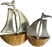 khevga Maritime Decorative Sailing Boat Set of 2 Mango Wood and Metal, Rustic Decoration for Living Room and Bathroom, 10 x 14 and 13 x 18 cm