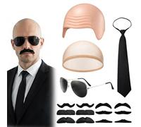 KhgFov Bald Cap, Pitbull Costume, 16 Pcs Halloween Costumes Includes Bald Cap, Hair Nets, Tie, Fake Beards and Sunglasses, Mr Worldwide Costume for Halloween, Carnival, Theme Party