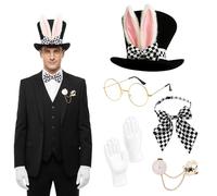 KhgFov White Rabbit Costume, Mad Hatter Accessories, 5 Pcs Mad Hatter Costume Accessories Set with Bunny Ears Hat, White Rabbit Pocket Watch for Cosplay, Halloween Party and Carnival Events