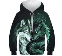 KHHKJBVCE Kids Hoodie Wolf And Dragon Boys Girls Pullover Hooded 3D Printing Comfortable Funny Cool Sweatshirts Long Sleeve Lightweight Hoody 12-14Y