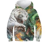 KHHKJBVCE Tiger And Dragon Unisex Boys Hoodies 3D Kids Funny Printed Pullover Hooded Sweatshirt Pockets 9-11Y