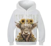 KHHKJBVCE Unisex 3D Cute Highland Cow Children's Hoodies Novelty Graphic Print Hoodies Comfortable Leisure Long Sleeve Sweatshirt Pullover Sweatshirt With Pocket 9-11Y