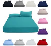KHIM Luxury Extra Deep Fitted Sheet 16”/40CM Breathable Poly Cotton Plain Soft Long-Lasting Bed Sheet Single Double King Super King (Teal, Double + Pillowcase Pairs)