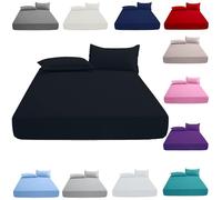 KHIM Luxury Extra Deep Fitted Sheet 16”/40CM Breathable Poly Cotton Plain Soft Long-Lasting Bed Sheet Single Double King Super King (Black, Single + Pillowcase Pairs)
