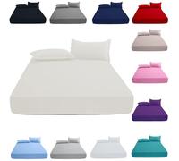 KHIM Luxury Extra Deep Fitted Sheet 16”/40CM Breathable Poly Cotton Plain Soft Long-Lasting Bed Sheet Single Double King Super King (Cream, Super King + Pillowcase Pairs)