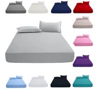 KHIM Luxury Extra Deep Fitted Sheet 16”/40CM Breathable Poly Cotton Plain Soft Long-Lasting Bed Sheet Single Double King Super King (Silver, King + Pillowcase Pairs)