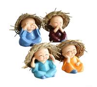 KHIronHive 4PCS Resin Buddha Statues with Straw Hats Cute Little Monk Figurines for Brazilian Lucky Wood Plants Desktop Car Home Decor Ornaments