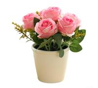 KHIronHive Artificial Rose Flower Small Tree In Pot - Lifelike Potted Plant With Plastic And Silk Blooms For Wedding, Party, Home, Office, Restaurant Or Garden Decoration, 18X10x8cm(Rose Red)