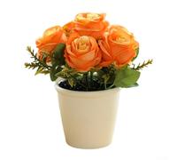 KHIronHive Artificial Rose Flower Small Tree In Pot - Lifelike Potted Plant With Plastic And Silk Blooms For Wedding, Party, Home, Office, Restaurant Or Garden Decoration, 18X10x8cm(Orange)