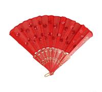 KHIronHive Elegant Hand Held Folding Fan With Embroidered Sequins And Peacock Tail Silk Satin For Wedding Party Dance Decoration For Women Men Portable 23Cm Length 42Cm Open Width(red)