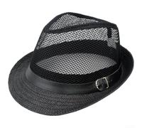 KHIronHive Men’s for jazz Style Rolled Edge Wide Brim Straw Hat Lightweight Breathable Cotton Linen Sun Cap for Summer Beach Outdoor Travel(Black)
