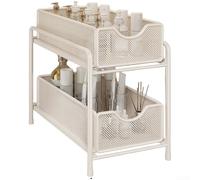 KHIronHive Under Sink Organizer Pull Out Storage Basket Sliding Iron Shelf for Bathroom Cabinet Space Saving Easy Install Black 36x19x31cm for Toiletries and Cleaning Supplies(White)