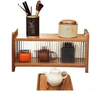 KHIronHive Walnut Wood Tea Cup Holder With Sliding Door Hand Painted Glass Display Rack For Kitchen Desktop Organizer For Tea Sets And Small Items Coffee Brown Compact Size 40X14x22cm