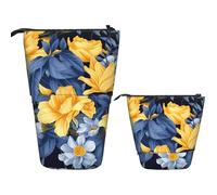 KHiry Telescopic Pencil Case Stationery Case For Office Blue Base Yellow Floral Standing Pencil Bag Pop Up Pencil Holder Pen Holder For Holiday Stand-Up Organizer Retractable Pencil Pouch