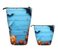 KHiry Telescopic Pencil Case Stationery Case For Office Blue Wooden With Pumpkin Standing Pencil Bag Pop Up Pencil Holder Pen Holder For Holiday Gift Stand-Up Organizer Retractable Pencil Pouch