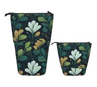 KHiry Telescopic Pencil Case Stationery Case For Office Leaves Art Deco Pattern Standing Pencil Bag Pop Up Pencil Holder Pen Holder For Holiday Gift Stand-Up Organizer Retractable Pencil Pouch