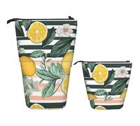 KHiry Telescopic Pencil Case Stationery Case For Office Lemon Leaves And Stripes Standing Pencil Bag Pop Up Pencil Holder Pen Holder For Holiday Gift Stand-Up Organizer Retractable Pencil Pouch