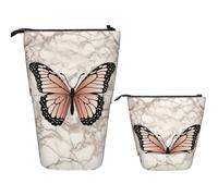 KHiry Telescopic Pencil Case Stationery Case For Office Marble Two Butterflies Standing Pencil Bag Pop Up Pencil Holder Pen Holder For Holiday Gift Stand-Up Organizer Retractable Pencil Pouch