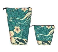 KHiry Telescopic Pencil Case Stationery Case For Office Some Waves And Hibiscus Standing Pencil Bag Pop Up Pencil Holder Pen Holder For Holiday Gift Stand-Up Organizer Retractable Pencil Pouch