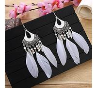 KHJH Dangly Earrings,Vintage Drop Earring Boho Ethnic Hollow Filigree Fan Shape Feather Bead Tassel Classic Chic Fish Hook Dangle Earings for Women Wedding Valentine Jewellery Gift,White