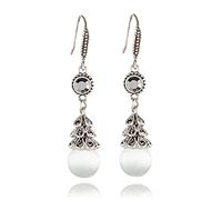 KHJH Dangly Earrings,Vintage Drop Earring Boho Round Opal Shiny Zircon Classic Chic Hook Dangle Long Earings for Women Wedding Valentine Jewellery Gift Hypoallergenic,White