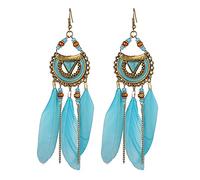 KHJH Drop Earrings,Vintage Drop Earring Boho Gypsy Ethnic Semicircle Feather Long Chain Beaded Tassel Classic Chic Fish Hook Dangle Earings for Women Wedding Valentine Jewellery Gift,Sky Blue