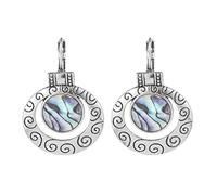 KHJH Drop Earrings,Vintage Hoop Drop Earring Boho Natural Abalone Paua Shell Round Carved Ethnic Unique Dangle Earings For Women Wedding Valentine Jewellery Gift Hypoallergenic,Silver