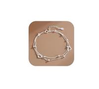 KHKINDPRO Bling Round Bead Hollow Double Love Heart Bracelet for Women Young Lady, Sparking Two Layers Beaded Sweet Heart Silver Chain Link Bracelet Jewelry Gift, One Size, Silver, no gemstone