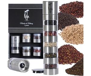 Khla - Set of 5 Mekong Pepper Grinders - Giftset with 5 Kampot & Sichuan Peppers - Rare Premium Peppercorns - Refillable Pepper Grinders - Gift Idea Spices - Origin Cambodia & China