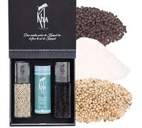 Khla - Set of Kampot Peppers Grinders & Salt - Organic Black Pepper, White Pepper & Fleur de Sel - Rare & Grands Crus - Kampot Peppercorns Gift Box - Refillable Mills - Cambodia Origin
