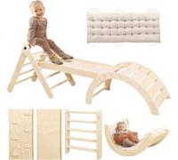 khlerox Climbing Frame with Soft Cushion, 7 in 1 Foldable Indoor Climbing Frame, Montessori Baby Toddler Climbing Toys Indoor, Climber Indoor Set with Arch, Ramp, Ladder (Natural Wood)