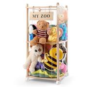 khlerox Stuffed Animal Storage Zoo with Wheels, Wooden Stuffed Animal Organizer with Elastic Cords, Space Saving Toy Plushies Storage Holder for Playroom, Bedroom, Living Room(Burlywood, Small)