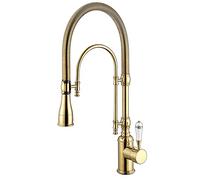 KHLMSRXJ Kitchen Faucet, Single Handle High Arc Swiveling Dual-Mode Pull-Down Sprayer Kitchen Sink Faucet with Porcelain Handle in Polished Gold, Solid Brass Mixer Tap,A (Color : A)