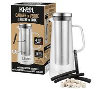 KHOOL | Glass water carafe with stainless steel filter | 15 ceramic beads and 4 bamboo carbon sticks | Purifies and improves the taste of the water | +1L