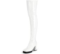 KHPAERMEI Platform Thigh High Boots Women GoGo Boots Square Toe Chunky Heels Patent Leather PU Over The Knee High Stretch Boots, White, 6.5 UK