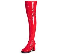 KHPAERMEI Women's Red 6 UK Platform Thigh High GoGo Boots, Square Toe, Chunky Heels, Patent Leather PU, Over The Knee High Stretch Boots