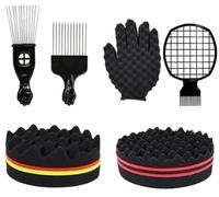 KHQBG Hair Sponge Set,Afro Brush, Magic Curl Glove, Metal Pick Comb, and Twist Comb for Hairstyling (Black-6Pcs)