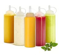 KHstylehoo Pack of 5 Squeeze Bottles, 360 ml (12 oz) with Cap, Durable, Reusable, Transparent PE Material, Perfect for Barbecues, Camping, Storing & Serving Sauces, Liquids, Spices, Oils