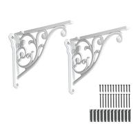 khtumeware 2 Pack 8 Inch Shelf Brackets, White Shelf Brackets,Metal Bracket for Shelves Ornate Heavy Duty Decorative Wall Brackets for Shelves (2, White)