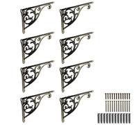 Khtumeware 4 Pack Brushed Antique Brass Shelf Bracket 8 Inch, Decorative Brackets for Shelving, Heavy Duty Vintage Ornate Shelf Bracket, Hardware Included,7.87x5.6x1.73 Inch