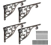 Khtumeware ornate decorative shelf brackets, 10 inch big wall mounted shelving bracket, 4 pack antique silver vintage metal heavy duty brackets Victoria wall bracket. (4, Antique True Silver)