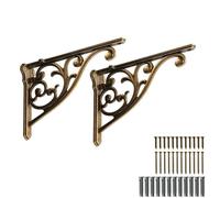 Khtumeware ornate decorative shelf brackets, 12 inch big wall mounted shelving bracket, 2 pack Antique Brass vintage metal heavy duty brackets Victoria wall bracket.