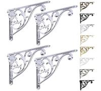 Khtumeware ornate decorative shelf brackets, 12 inch big wall mounted shelving bracket, 4 pack Polished Chrome vintage metal heavy duty brackets Victoria wall bracket.