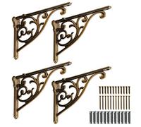 Khtumeware Ornate Decorative Shelf Brackets, 5-inch Small Wall Mounted Shelving Bracket, 4 Pack Antique Brass Vintage Metal Shelf Bracket Victorian Wall Bracket (4, Antique Brass)