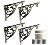 Khtumeware Ornate Decorative Shelf Brackets, 5-inch Small Wall Mounted Shelving Bracket, 4 Pack Antique Bronze Vintage Metal Shelf Bracket Victorian Wall Bracket (4, Brushed Antique Brass)