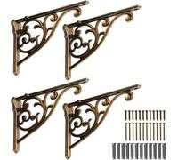 Khtumeware Shelf Bracket 10 Inch, Decorative Brackets for Shelving, Heavy Duty Vintage Ornate Shelf Bracket, Hardware Included, 4 Pack,Antique English Brass Finish, 9.84x7x1.73 inch
