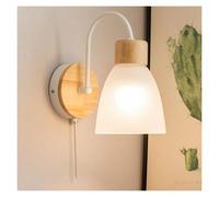 KHUKHU Indoor Wall Light with Pull Cord Switch Wall Lamp Wood Modern Glass Shade Interior Decor Round E27 Socket Industrial Wall Sconces Metal Mounted Simple for Bedroom Reading Bedside