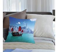 KHWEJ Cushion Covers Square Throw Pillow Case Printed Soft Pillowcases for Outdoor Patio Sofa Balcony Living Room,Asian Ocean Set,Hong Kong Harbour Small Junk Boat with Flag,Purple Blue Whit,16x16 in