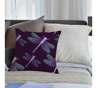 KHWEJ Cushion Covers Square Throw Pillow Case Printed Soft Pillowcases for Outdoor Patio Sofa Balcony Living Room,with blue shiny dragonfly on a dark plum background. Elegant decoration.,18x18 in